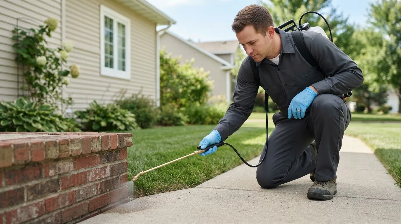 Pest control technician treating a home near Hamilton, IL