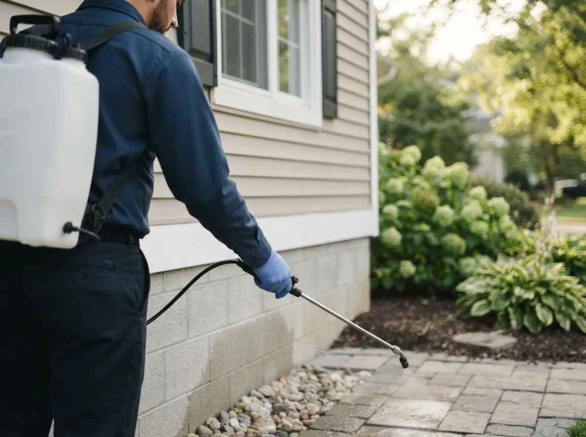 Pest control technician inspecting a home in Hamilton, IL